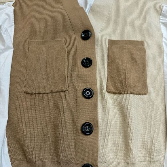 Soak & Sepia Women's Oversized Button Down Cardigan Sweater Blouse Brown White - Picture 4 of 14